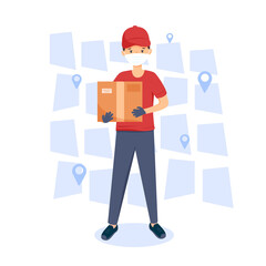 Courier in protective equipment, a mask and a stovecloth delivers the parcel. The concept of online delivery and transportation of goods. Vector illustration in a flat style.