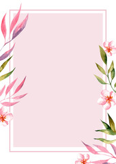 Summer tropical palm leaves with exotic flamingo and hibiscus flowers. Watercolor templates. Design element for cards, posters, banners and other purposes.