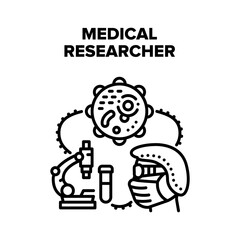 Medical Researcher Scientist Vector Icon Concept. Medical Researcher Scientist Research Virus With Microscope Tool And Testing Medicine Product In Laboratory. Chemical Analysis Black Illustration