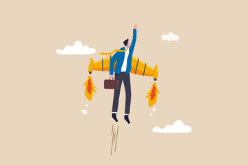 Ambition or aspiration to success in work, career growth or boost business development, entrepreneur launch new startup project concept, happy businessman flying high with jetpack rocket booster. - obrazy, fototapety, plakaty