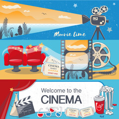three banners cinema on the blue background with summer movie