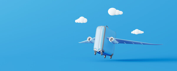 Summer suitcase with wings will take off. Creative minimal travel concept idea on blue background 3D Render 3D illustration