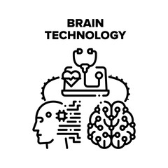 Brain Technology Vector Icon Concept. Brain Technology And Artificial Intelligence, Innovative System And Online Tech Support For Testing And Repair Electronics. Digital Process Black Illustration