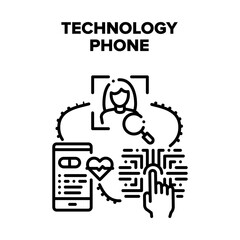 Technology Phone Vector Icon Concept. Fingerprint And Face Id For Unblocked Cellphone And Protection Information, Human Health Monitoring Application, Technology Phone Black Illustration