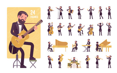 Fototapeta na wymiar Musician, man playing music, musical instruments, character set, pose sequences. Grand piano, guitar, double bass, drum, violin orchestra. Full length, different views, gestures, emotions, position