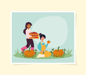 farmers with fruits and pumpkin