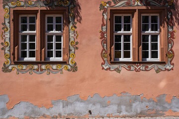 Beautiful painting around two windows and a red house wall with crumbled plaster 