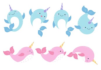 Eight narwhals have different movements, standing or swimming or wagging their tails