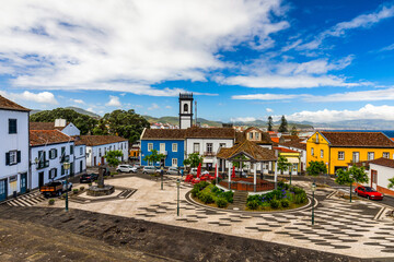 Panoramic cityscape view to Municipality and central square Of Ribeira Grande, Sao Miguel, Azores,...
