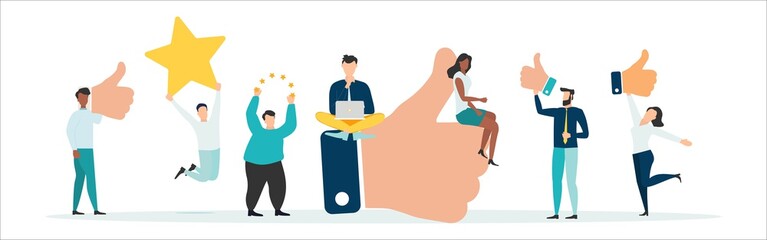 Customer review rating. People give review rating and feedback. Customer choice. Know your client concept. Rank rating stars feedback. Business satisfaction support. Flat vector illustration.