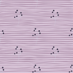 Minimalistic style seamless pattern with doodle berries shapes. Purple pastel striped background.