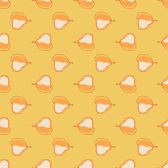 Healthy organic seamless pattern with doodle pear elements print. Yellow pastel background.