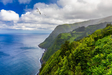 Azores panoramic view of natural landscape, wonderful scenic island of Portugal. Beautiful lagoons...