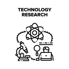 Technology Research Science Vector Icon Concept. Technology Research Science Microscope Laboratory Professional Equipment, Scientist Working And Research At Laptop Black Illustration