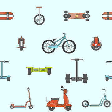 Electric transport - Vector color background (seamless pattern) of scooter, skate, skateboard and bike for graphic design