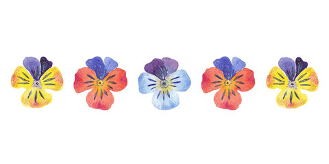 Watercolor hand draw border of pansies flowers. Watercolor fabric. Use for design wedding, invitations, birthdays