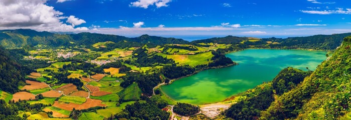 Aerial view of Lagoa das Furnas located on the Azorean island of Sao Miguel, Azores, Portugal. Lake...