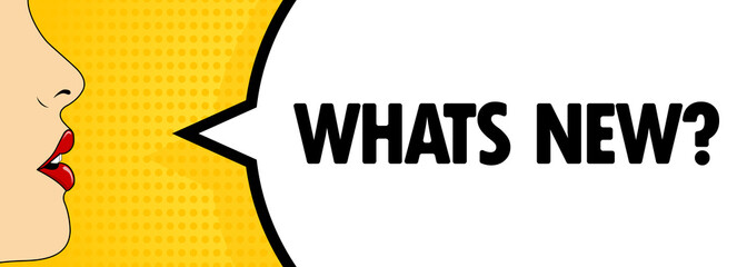 Whats new. Female mouth with red lipstick screaming. Speech bubble with text Whats new. Retro comic style. Can be used for business, marketing and advertising. Vector EPS 10