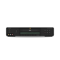 DVD player with hi-fi video and high quality video. DVD player and recorder. Realistic vector video player image. DVD disk black player for hi-fi rack setup.