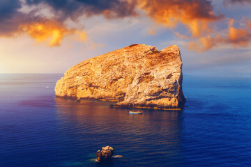 View from Capo Caccia on island Isola Foradada, Sardinia, Italy. Island Foradada at 