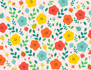 Beautiful romantic floral collection with flowers, leaves and ladybug. Flower pattern, summer pattern.