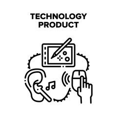 Technology Product Devices Vector Icon Concept. Tablet For Painting Digital Images, Wireless Computer Mouse And Bluetooth Earphones Technology Product Devices. Electronic Gadget Black Illustration