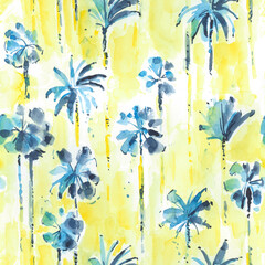 Watercolor seamless tropical hand drawn pattern with palm trees. Summer abstract exotic stylized plant on yellow background