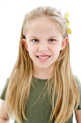 Discontent. European little girl is discontent and is frowning her face with disgust. I do not like...
