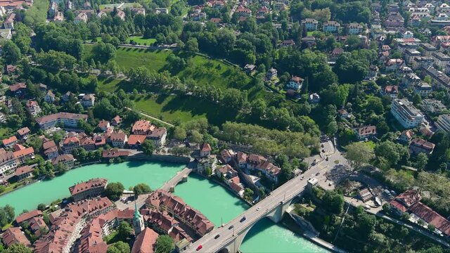Bern: Aerial view of capital city of Switzerland, modern urban residential suburb with lots of greenery - landscape panorama of Europe from above