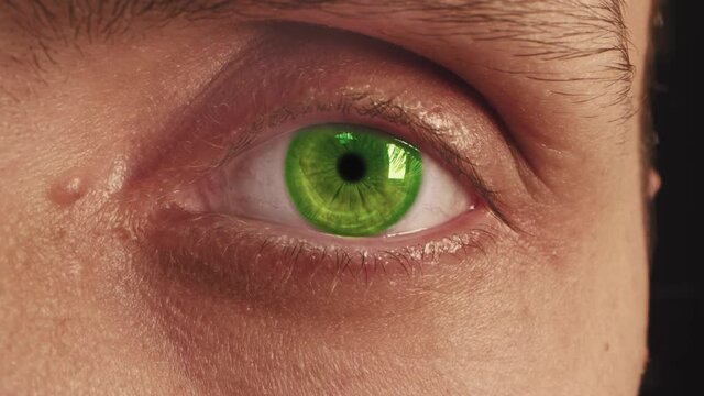 Young man green eye macro shot. Extrime close up
