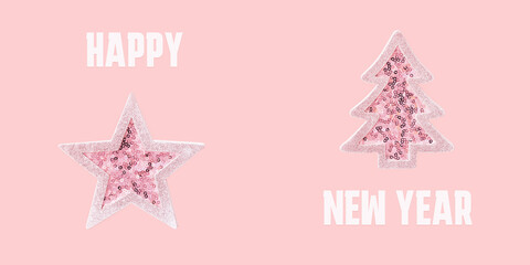 Minimal winter holiday greeting card with pink Christmas tree and star with sparkling sequins on...