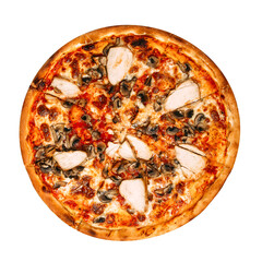 Isolated pizza with chicken and mushrooms on white background