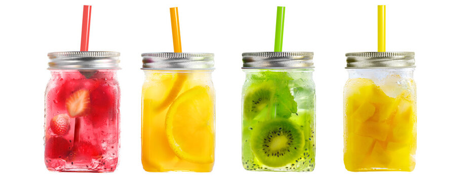 Bright Colorful refreshing summer drinks in mason jars with lid and straws isolated on a white background