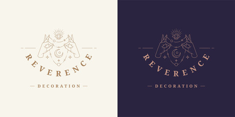 Magic hands with moon crescent logo emblem design template vector illustration in minimal line art style