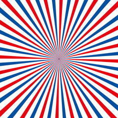 Blue white and red stripes sunburst. Vector background.