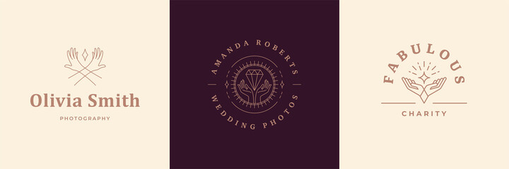 Feminine logos emblems design templates set with female hands gestures vector illustrations minimal line art style.