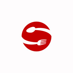 spoons and cutlery in red circles for icons, symbols or logos of restaurants, cafes, or other places to eat