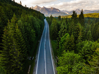 Aerial Drone View Over Road in Mountains Scenic Landscape
