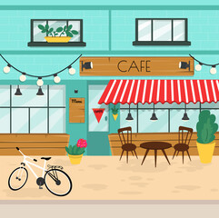 Street cafe. City cafe. City street cafe in the summer. Vector cartoon illustration of the street cafe.Vector cartoon cityscape. Street of town vector