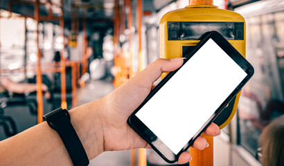 woman hand Paying conctactless with smartphone in public transport