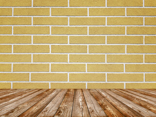 Empty new brick wall interior. Yellow background.
