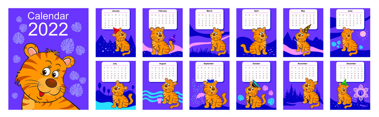 2022 is the year of the tiger. Calendar grid for America. Vector image. For further use in the design.