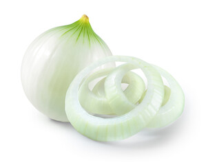Peeled onion bulb isolated. Whole onion and onion rings on white background. Full depth of field....