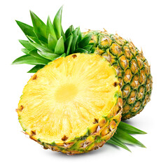 Pineapple isolated. Whole pineapple with half and leaves. Whole and cut half pineapple on white....