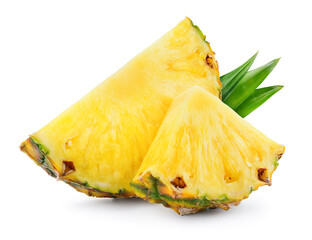 Pineapple slices with leaves. Cut pineapple isolate. Cut pineapple on white. Full depth of field. - obrazy, fototapety, plakaty