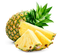 Cut pineapple isolated. Whole pineapple with slice, piece and leaves. Whole and cut pineapple on...