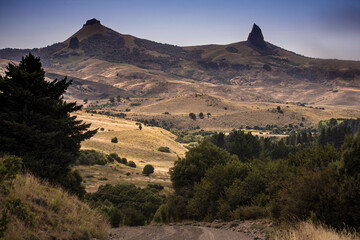 Mountain tops with interesting shapes in open field near Junin de los Andes, a little town in Neuquén Province, Argentina.