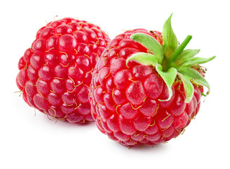 Raspberry isolated. Two red raspberries with green leaf on white background.