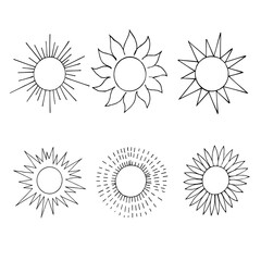Doodle set of 6 suns on a white background.Vector suns can be used in postcards,textiles,coloring pages, and summer designs.