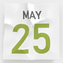 May 25 date on crumpled paper page of a calendar, 3d rendering